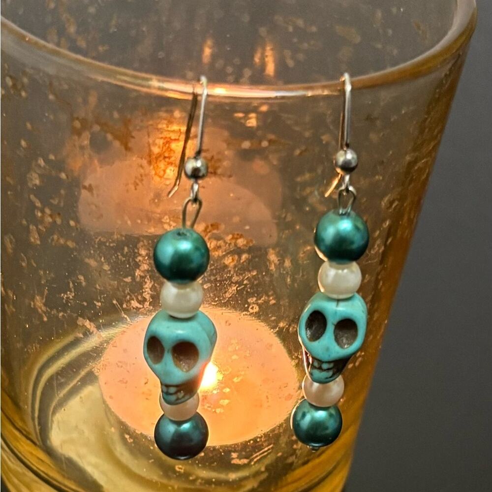 Handmade Turquoise Skull Beaded Earrings – Gothic • Boho • Alt Style